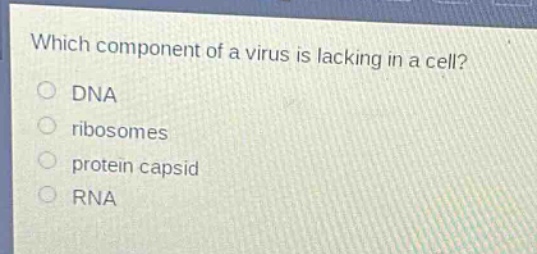 which component of a virus is lacking in a cell?\ndna\nribosomes\nprotein capsid\nrna