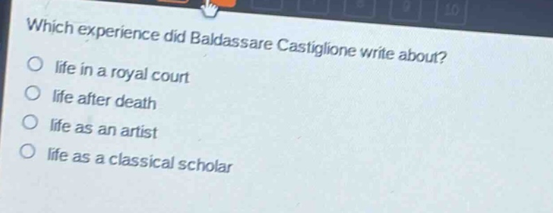 which experience did baldassare castiglione write about?\nlife in a royal court\nlife after death\nlife as an artist\nlife as a classical scholar