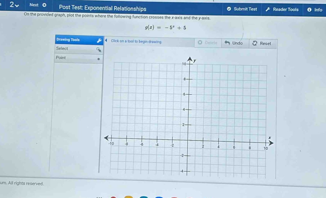 on the provided graph, plot the points where the following function crosses the x - axis and the y - axis.\ng(x)=-5^{x}+5