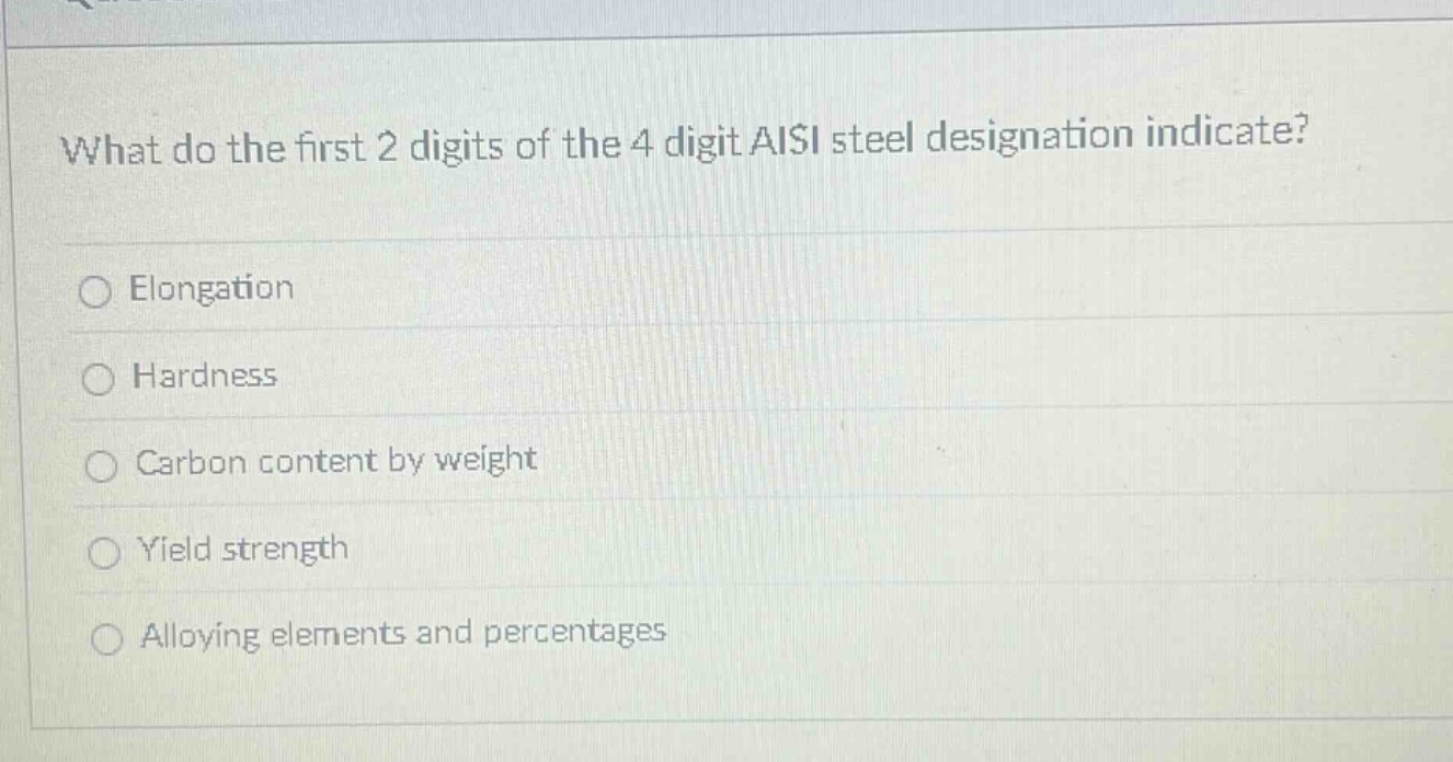 what do the first 2 digits of the 4 digit aisi steel designation indicate?\nelongation\nhardness\ncarbon content by weight\nyield strength\nalloying elements and percentages