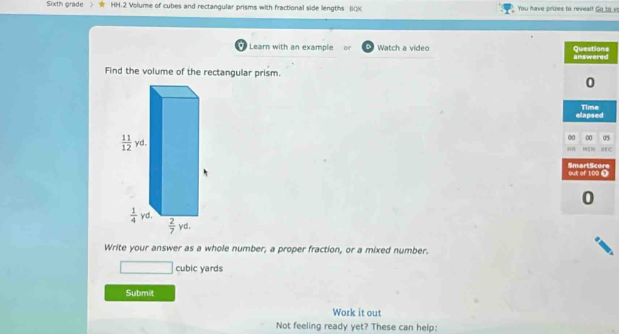 find the volume of the rectangular prism.\nwrite your answer as a whole number, a proper fraction, or a mixed number.\ncubic yards