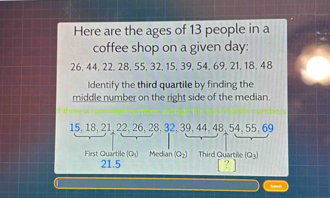 here are the ages of 13 people in a coffee shop on a given day: 26, 44, 22, 28, 55, 32, 15, 39, 54, 69, 21, 18, 48 identify the third quartile by finding the middle number on the right side of the median. if there is no middle number, average the two middle numbers. 15, 18, 21, 22, 26, 28, 32, 39, 44, 48, 54, 55, 69 first quartile (q1) median (q2) third quartile (q3) 21.5 ?