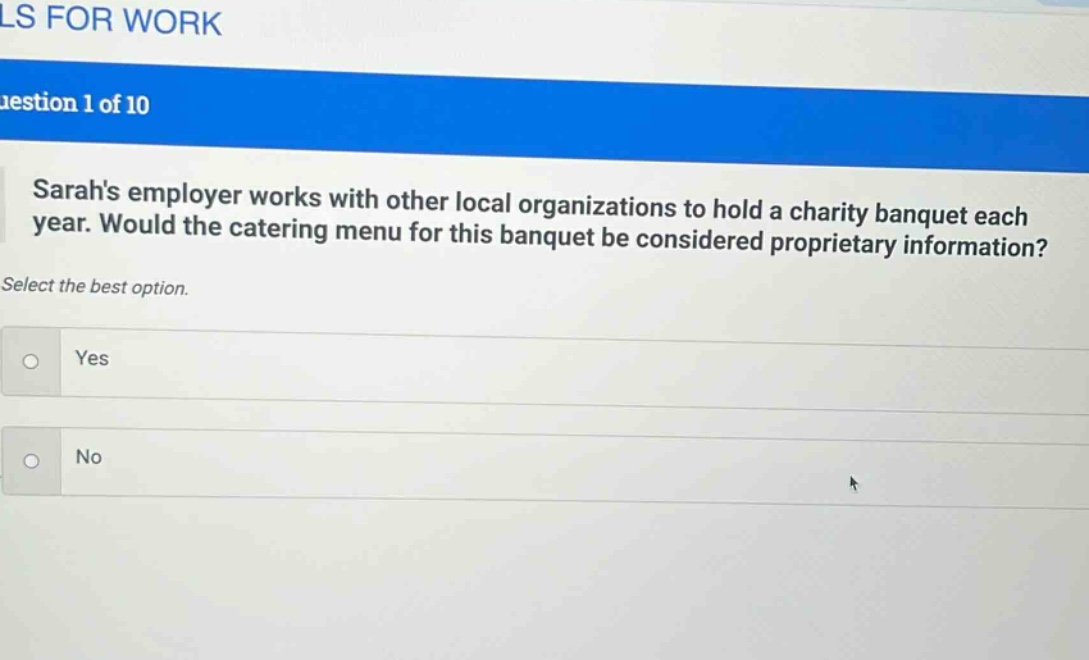 sarahs employer works with other local organizations to hold a charity banquet each year. would the catering menu for this banquet be considered proprietary information? select the best option. yes no