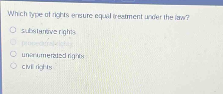 which type of rights ensure equal treatment under the law?\no substantive rights\no procedural rights\no unenumerated rights\no civil rights