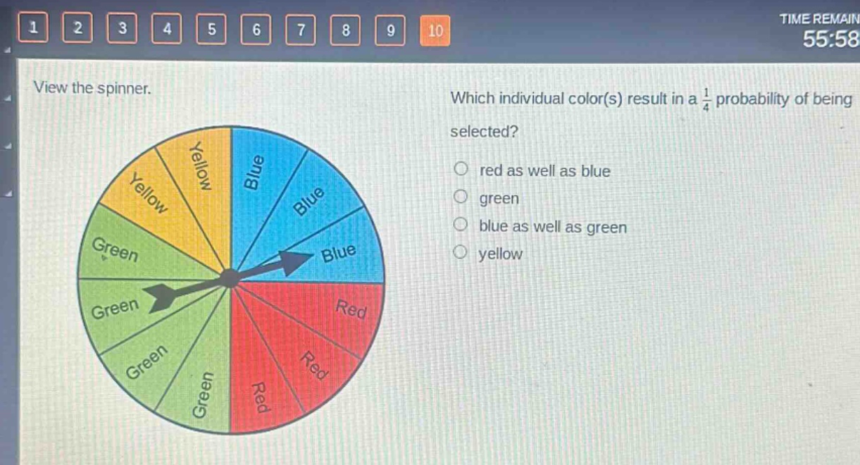view the spinner. which individual color(s) result in a $\frac{1}{4}$ probability of being selected? red as well as blue green blue as well as green yellow