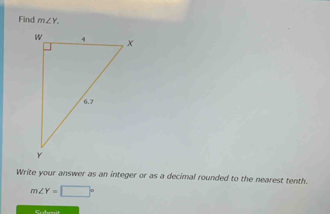 find m∠y.\nwrite your answer as an integer or as a decimal rounded to the nearest tenth.\nm∠y = □°