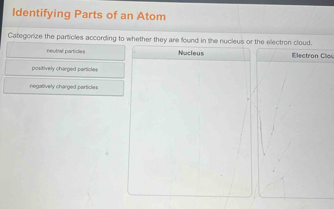identifying parts of an atom\ncategorize the particles according to whether they are found in the nucleus or the electron cloud.\nneutral particles\npositively charged particles\nnegatively charged particles\nnucleus\nelectron cloud