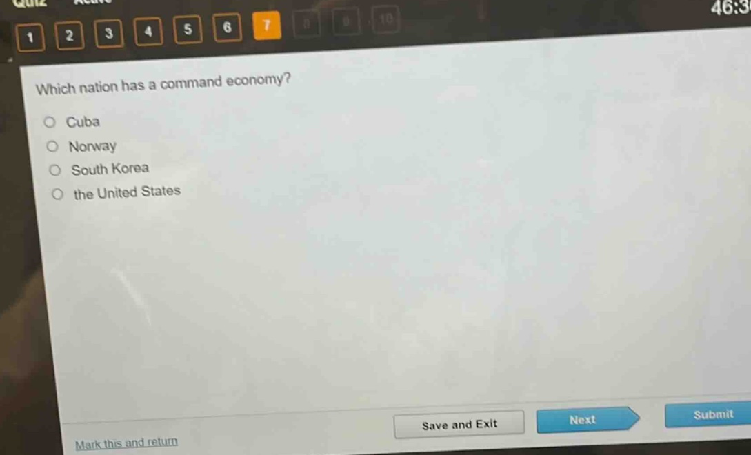 which nation has a command economy?\ncuba\nnorway\nsouth korea\nthe united states