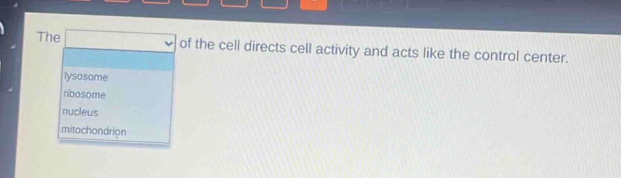 the of the cell directs cell activity and acts like the control center.\nlysosome\nribosome\nnucleus\nmitochondrion