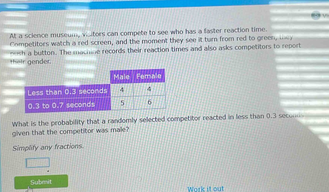 at a science museum, visitors can compete to see who has a faster reaction time. competitors watch a red screen, and the moment they see it turn from red to green, they push a button. the machine records their reaction times and also asks competitors to report their gender.\nmale female\nless than 0.3 seconds 4 4\n0.3 to 0.7 seconds 5 6\nwhat is the probability that a randomly selected competitor reacted in less than 0.3 seconds given that the competitor was male?\nsimplify any fractions.
