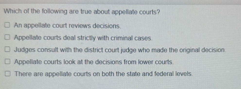 which of the following are true about appellate courts?\n□ an appellate court reviews decisions.\n□ appellate courts deal strictly with criminal cases.\n□ judges consult with the district court judge who made the original decision.\n□ appellate courts look at the decisions from lower courts.\n□ there are appellate courts on both the state and federal levels.