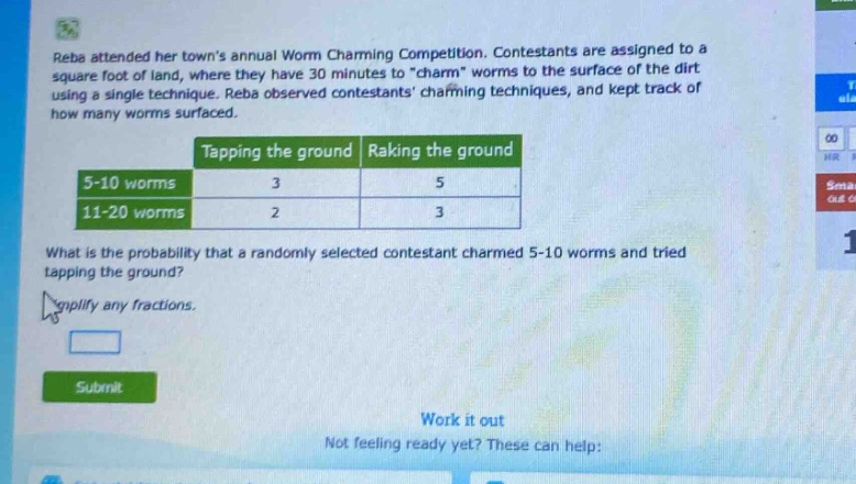 reba attended her towns annual worm charming competition. contestants are assigned to a square foot of land, where they have 30 minutes to \charm\ worms to the surface of the dirt using a single technique. reba observed contestants charming techniques, and kept track of how many worms surfaced.\n| |tapping the ground|raking the ground|\n|--|--|--|\n|5 - 10 worms|3|5|\n|11 - 20 worms|2|3|\nwhat is the probability that a randomly selected contestant charmed 5 - 10 worms and tried tapping the ground?\nsimplify any fractions.