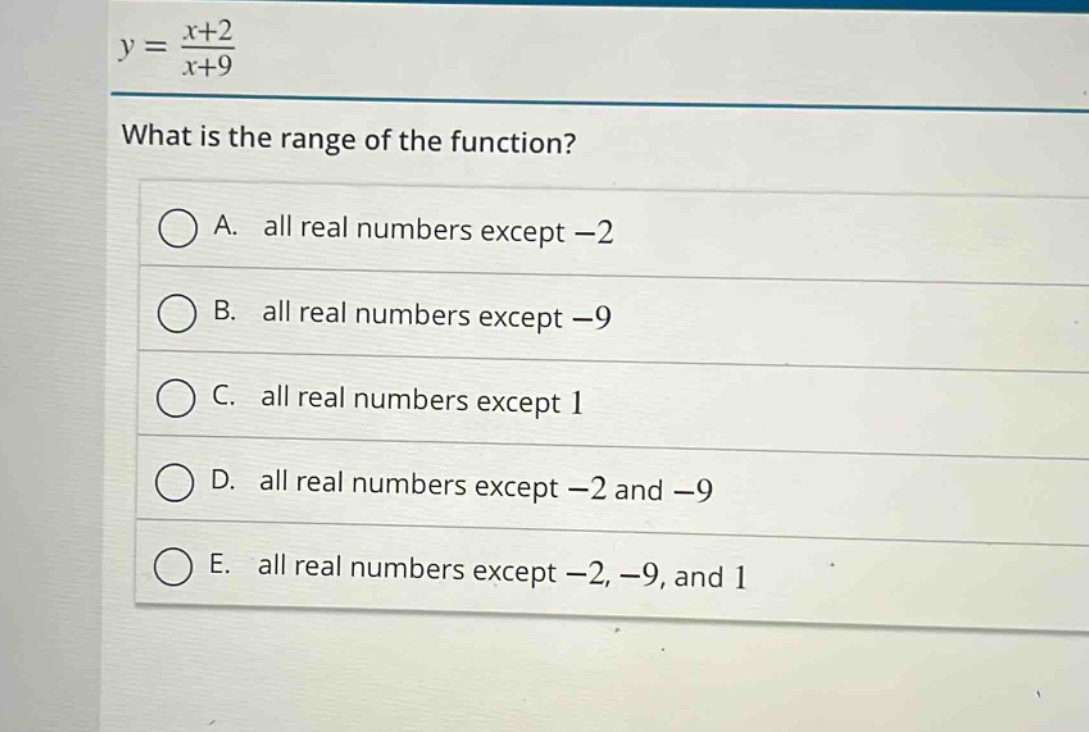 y = \\frac{x + 2}{x + 9}\nwhat is the range of the function?\na. all real numbers except -2\nb. all real numbers except -9\nc. all real numbers except 1\nd. all real numbers except -2 and -9\ne. all real numbers except -2, -9, and 1