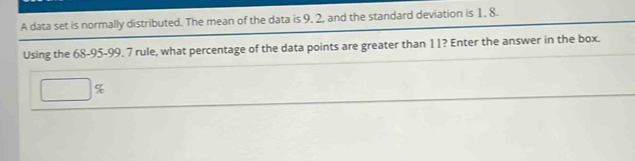 a data set is normally distributed. the mean of the data is 9.2, and the standard deviation is 1.8. using the 68 - 95 - 99.7 rule, what percentage of the data points are greater than 11? enter the answer in the box.