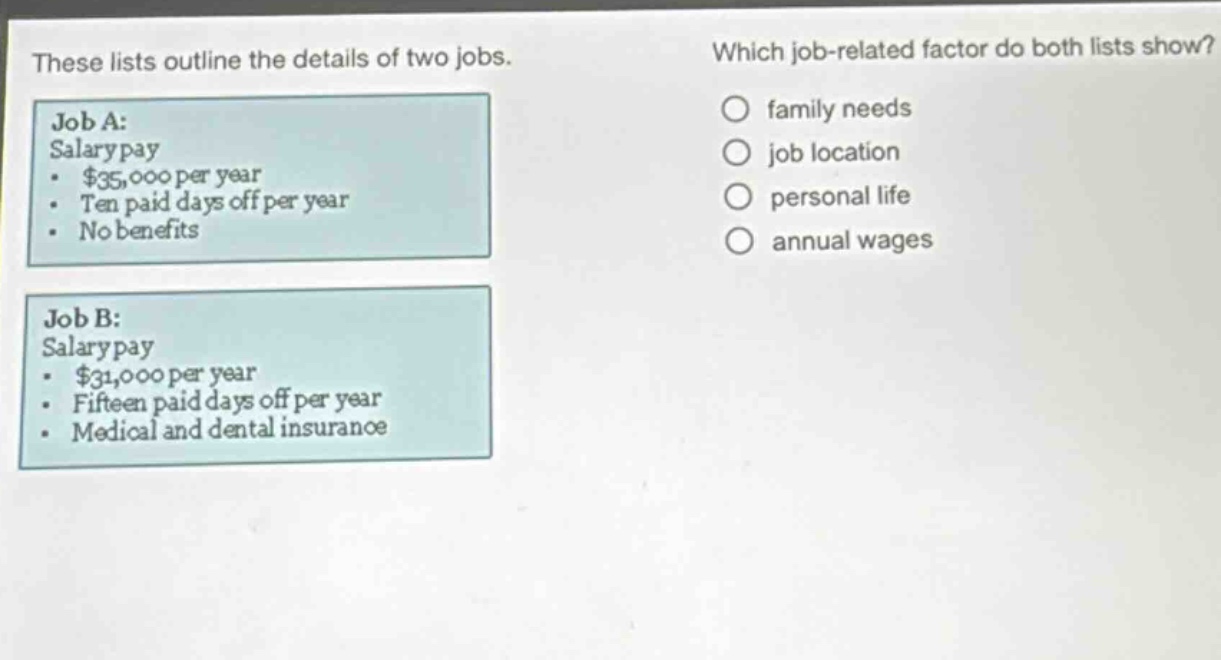 these lists outline the details of two jobs. job a: salary pay - $35,000 per year - ten paid days off per year - no benefits job b: salary pay - $31,000 per year - fifteen paid days off per year - medical and dental insurance which job - related factor do both lists show? family needs job location personal life annual wages