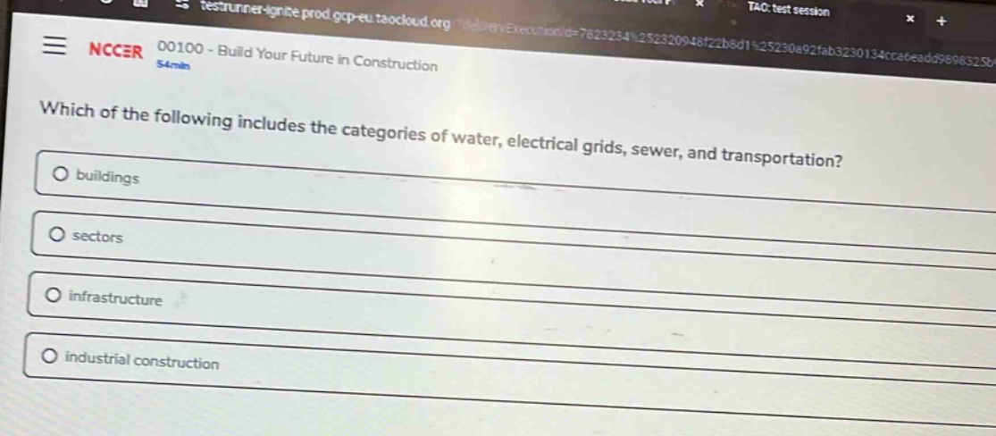 which of the following includes the categories of water, electrical grids, sewer, and transportation?\no buildings\no sectors\no infrastructure\no industrial construction