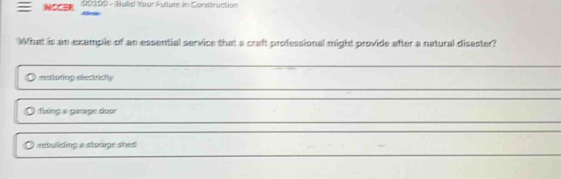 what is an example of an essential service that a craft professional might provide after a natural disaster?\nrestoring electricity\nfixing a garage door\nrebuilding a storage shed