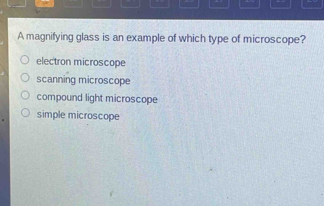 a magnifying glass is an example of which type of microscope?\n○ electron microscope\n○ scanning microscope\n○ compound light microscope\n○ simple microscope