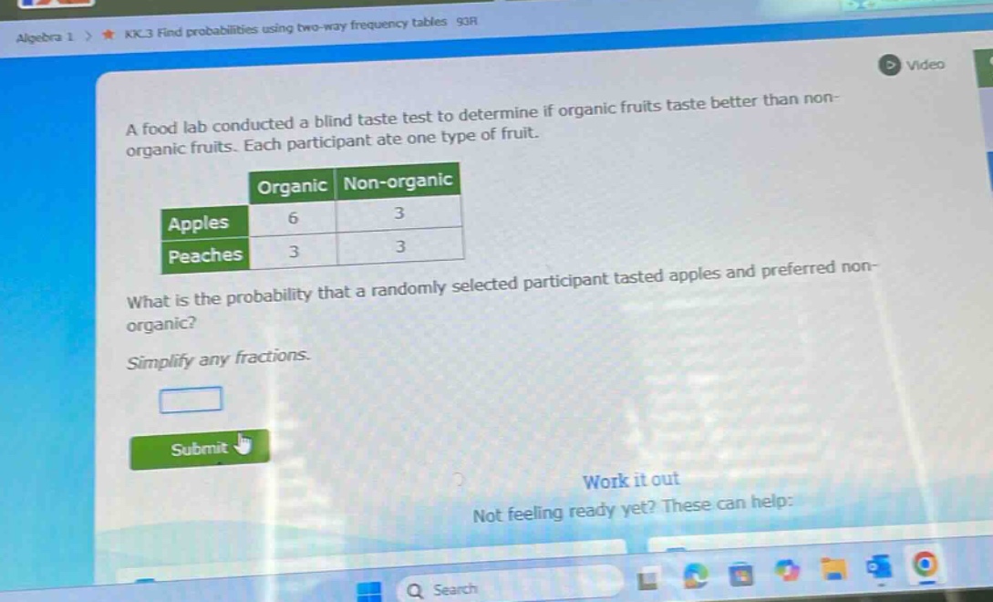 a food lab conducted a blind taste test to determine if organic fruits taste better than non - organic fruits. each participant ate one type of fruit.\n| |organic|non - organic|\n|--|--|--|\n|apples|6|3|\n|peaches|3|3|\nwhat is the probability that a randomly selected participant tasted apples and preferred non - organic?\nsimplify any fractions.