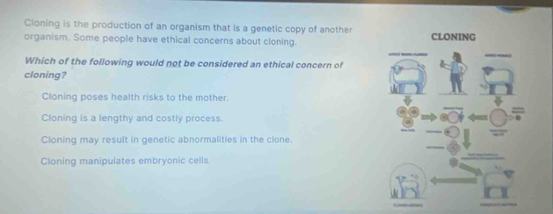 cloning is the production of an organism that is a genetic copy of another organism. some people have ethical concerns about cloning. which of the following would not be considered an ethical concern of cloning? cloning poses health risks to the mother. cloning is a lengthy and costly process. cloning may result in genetic abnormalities in the clone. cloning manipulates embryonic cells.