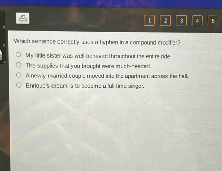 which sentence correctly uses a hyphen in a compound modifier?\nmy little sister was well - behaved throughout the entire ride.\nthe supplies that you brought were much - needed.\na newly - married couple moved into the apartment across the hall.\nenriques dream is to become a full - time singer.