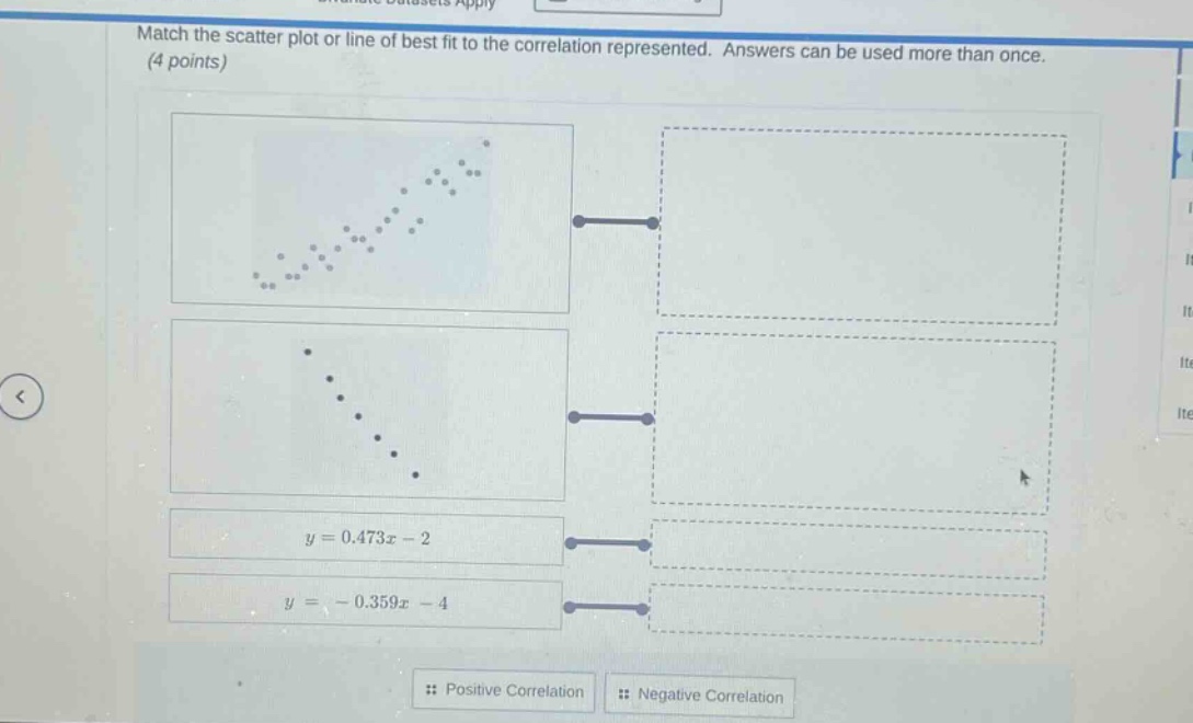 match the scatter plot or line of best fit to the correlation represented. answers can be used more than once. (4 points)\ny = 0.473x - 2\ny = - 0.359x - 4\npositive correlation\nnegative correlation