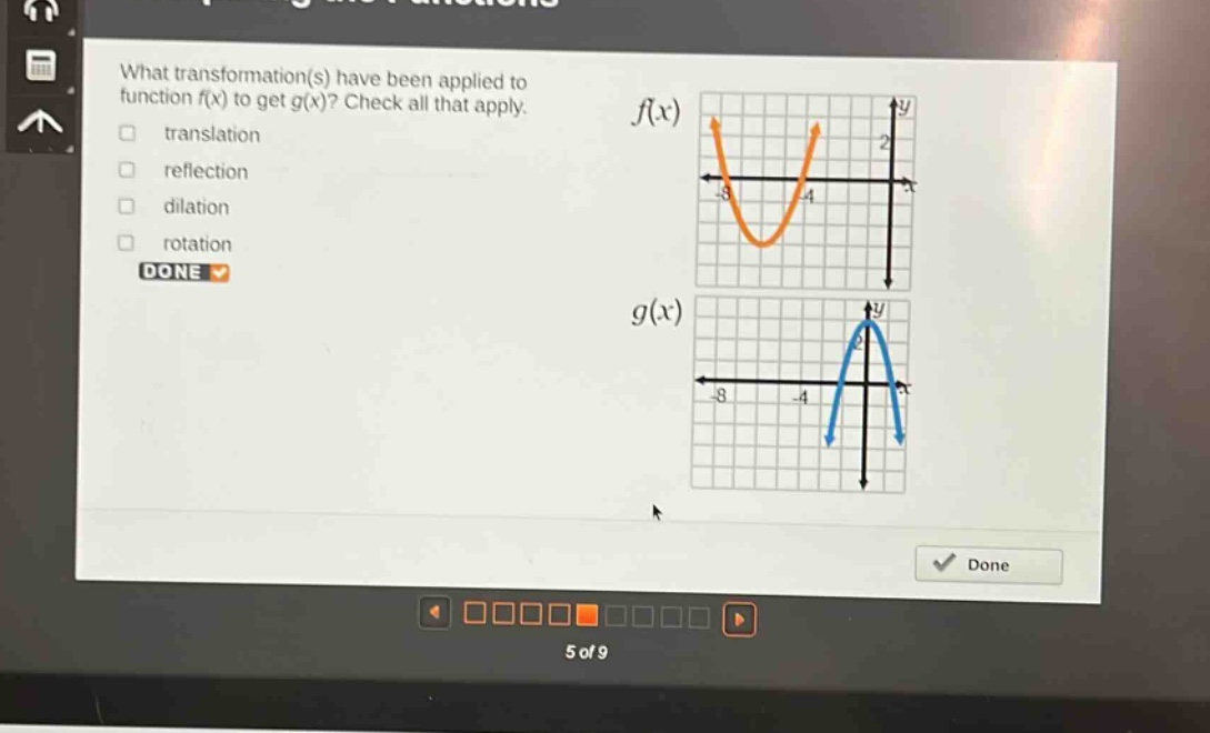what transformation(s) have been applied to function f(x) to get g(x)? check all that apply. translation reflection dilation rotation done