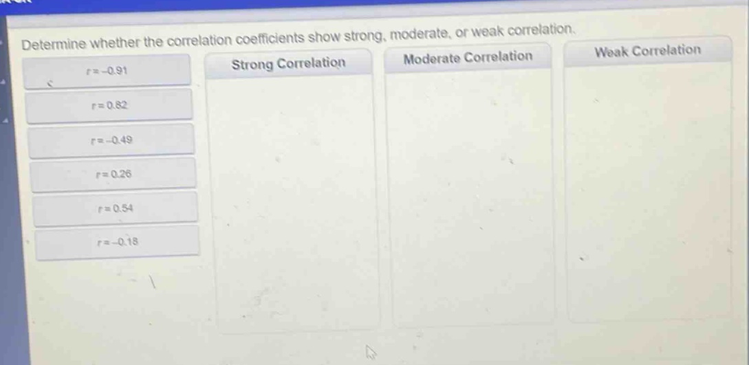 determine whether the correlation coefficients show strong, moderate, or weak correlation.\n$r = - 0.91$\n$r = 0.82$\n$r = - 0.49$\n$r = 0.26$\n$r = 0.54$\n$r = - 0.18$\nstrong correlation\nmoderate correlation\nweak correlation