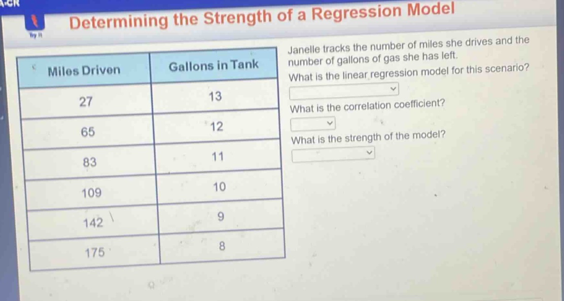 determining the strength of a regression model\njanelle tracks the number of miles she drives and the number of gallons of gas she has left.\nwhat is the linear regression model for this scenario?\nwhat is the correlation coefficient?\nwhat is the strength of the model?\nmiles driven\tgallons in tank\n27\t13\n65\t12\n83\t11\n109\t10\n142\t9\n175\t8