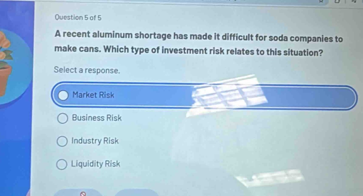 question 5 of 5\na recent aluminum shortage has made it difficult for soda companies to make cans. which type of investment risk relates to this situation?\nselect a response.\nmarket risk\nbusiness risk\nindustry risk\nliquidity risk