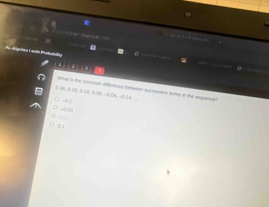 what is the common difference between successive terms in the sequence? 0.36, 0.26, 0.16, 0.06, -0.04, -0.14, ...\n-0.1\n-0.01\n0.01\n0.1