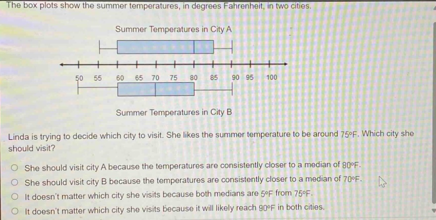 the box plots show the summer temperatures, in degrees fahrenheit, in two cities.\nsummer temperatures in city a\nsummer temperatures in city b\nlinda is trying to decide which city to visit. she likes the summer temperature to be around 75°f. which city she should visit?\nshe should visit city a because the temperatures are consistently closer to a median of 80°f.\nshe should visit city b because the temperatures are consistently closer to a median of 70°f.\nit doesnt matter which city she visits because both medians are 5°f from 75°f.\nit doesnt matter which city she visits because it will likely reach 90°f in both cities.