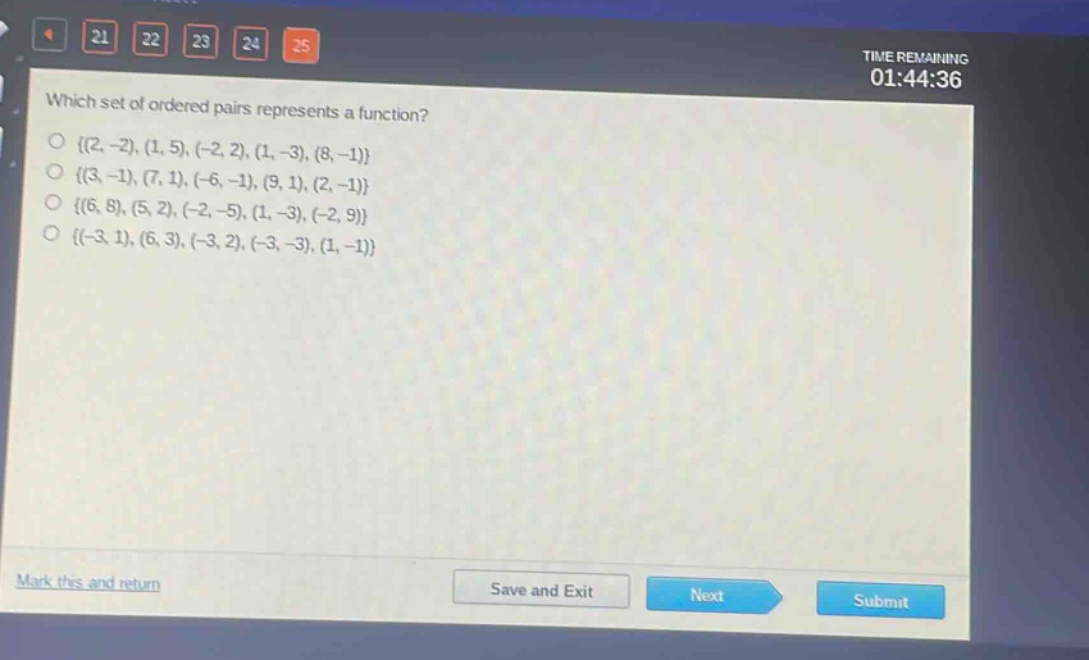 which set of ordered pairs represents a function?\n{(2, -2), (1, 5), (-2, 2), (1, -3), (8, -1)}\n{(3, -1), (7, 1), (-6, -1), (9, 1), (2, -1)}\n{(6, 8), (5, 2), (-2, -5), (1, -3), (-2, 9)}\n{(-3, 1), (6, 3), (-3, 2), (-3, -3), (1, -1)}