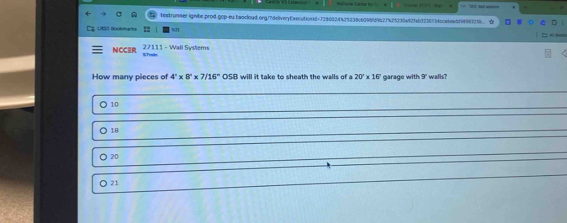 how many pieces of 4 x 8 x 7/16\ osb will it take to sheath the walls of a 20 x 16 garage with 9 walls?\n10\n18\n20\n21