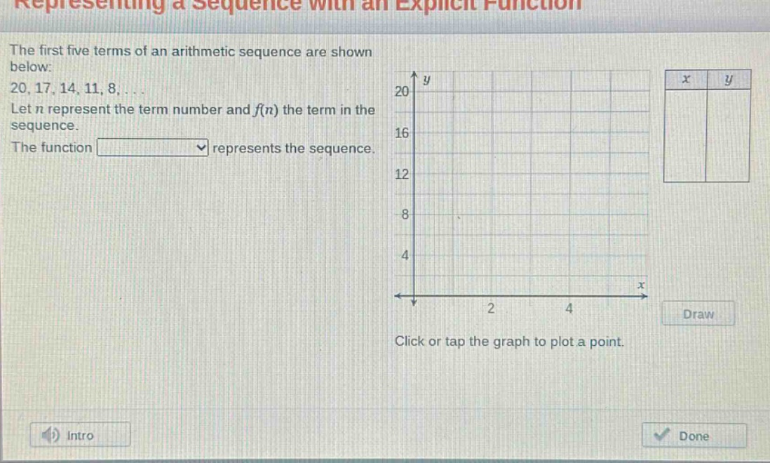 representing a sequence with an explicit function\nthe first five terms of an arithmetic sequence are shown below:\n20, 17, 14, 11, 8, ...\nlet n represent the term number and f(n) the term in the sequence.\nthe function represents the sequence.