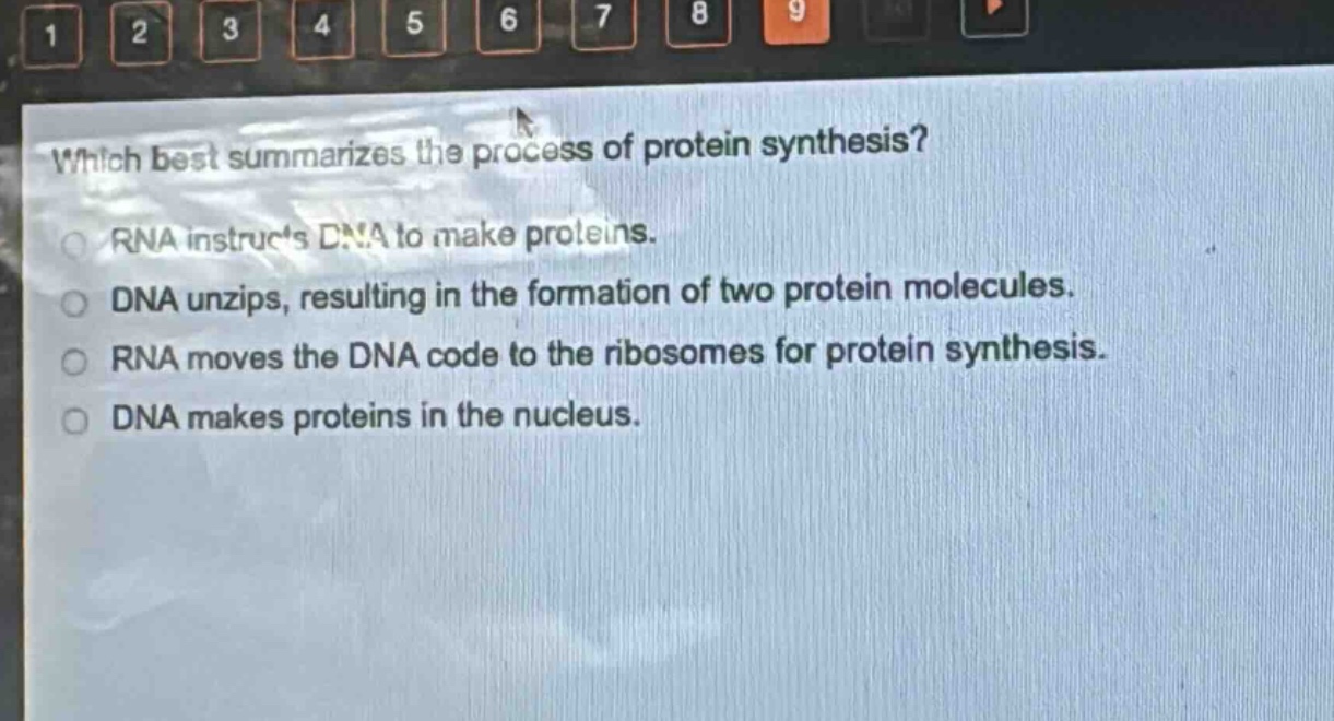 which best summarizes the process of protein synthesis?\nrna instructs dna to make proteins.\ndna unzips, resulting in the formation of two protein molecules.\nrna moves the dna code to the ribosomes for protein synthesis.\ndna makes proteins in the nucleus.
