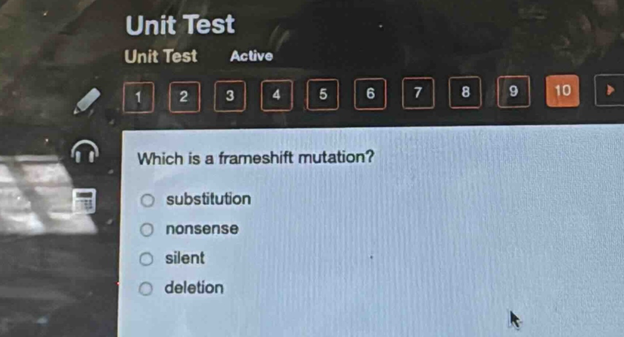 which is a frameshift mutation?\nsubstitution\nnonsense\nsilent\ndeletion