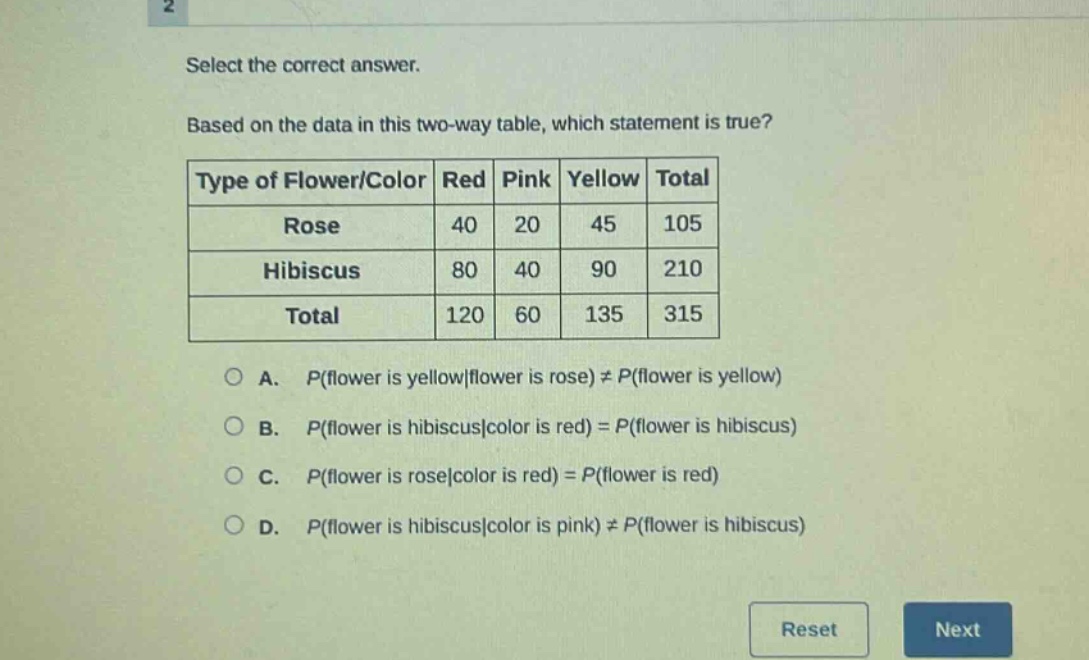 select the correct answer. based on the data in this two - way table, which statement is true?\n|type of flower/color|red|pink|yellow|total|\n|----|----|----|----|----|\n|rose|40|20|45|105|\n|hibiscus|80|40|90|210|\n|total|120|60|135|315|\n\na. (p(\text{flower is yellow}|\text{flower is rose})\neq p(\text{flower is yellow}))\nb. (p(\text{flower is hibiscus}|\text{color is red}) = p(\text{flower is hibiscus}))\nc. (p(\text{flower is rose}|\text{color is red}) = p(\text{flower is red}))\nd. (p(\text{flower is hibiscus}|\text{color is pink})\neq p(\text{flower is hibiscus}))