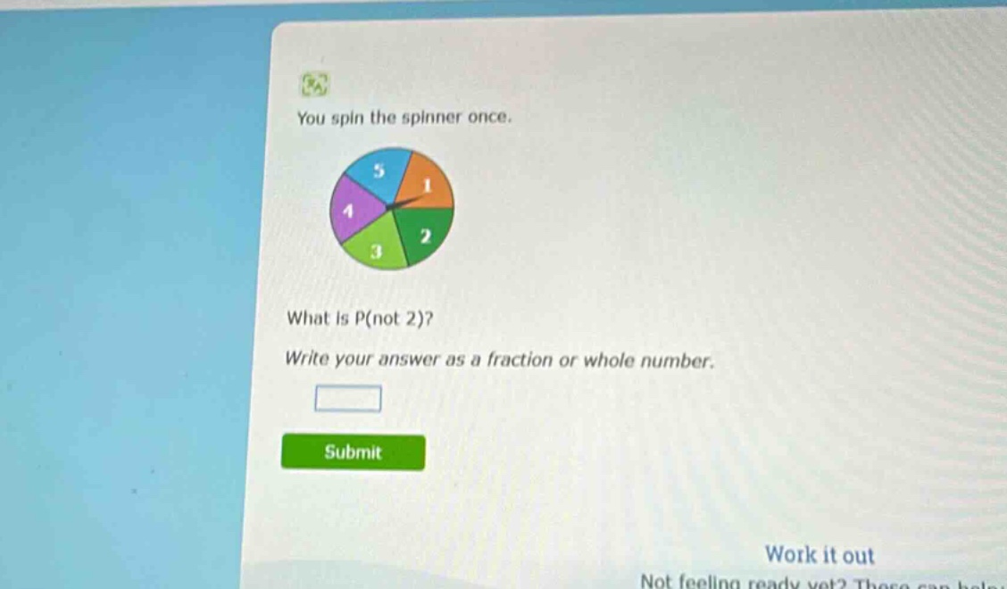 you spin the spinner once. what is p(not 2)? write your answer as a fraction or whole number.