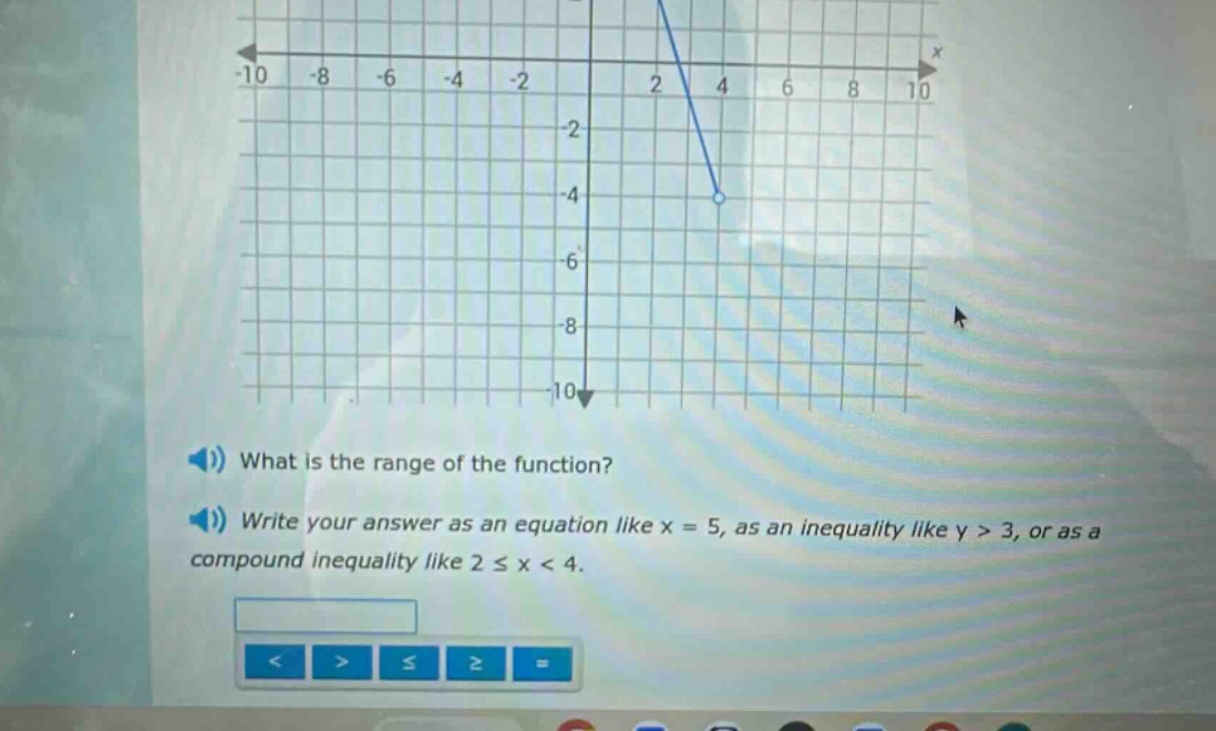 what is the range of the function? write your answer as an equation like x = 5, as an inequality like y > 3, or as a compound inequality like 2 ≤ x < 4.
