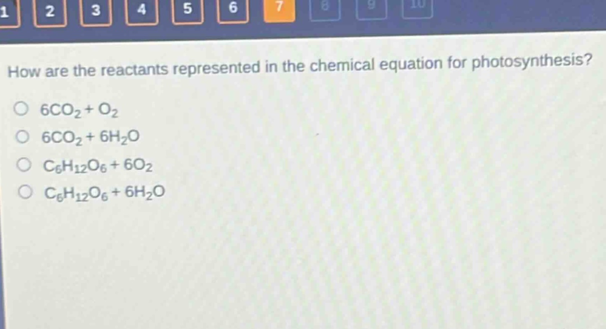 how are the reactants represented in the chemical equation for photosynthesis?\n6co₂ + o₂\n6co₂ + 6h₂o\nc₆h₁₂o₆ + 6o₂\nc₆h₁₂o₆ + 6h₂o