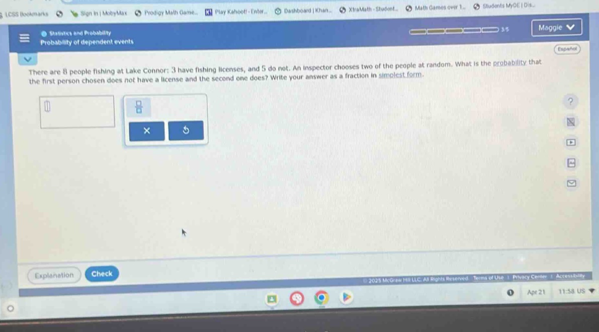 there are 8 people fishing at lake connor: 3 have fishing licenses, and 5 do not. an inspector chooses two of the people at random. what is the probability that the first person chosen does not have a license and the second one does? write your answer as a fraction in simplest form.