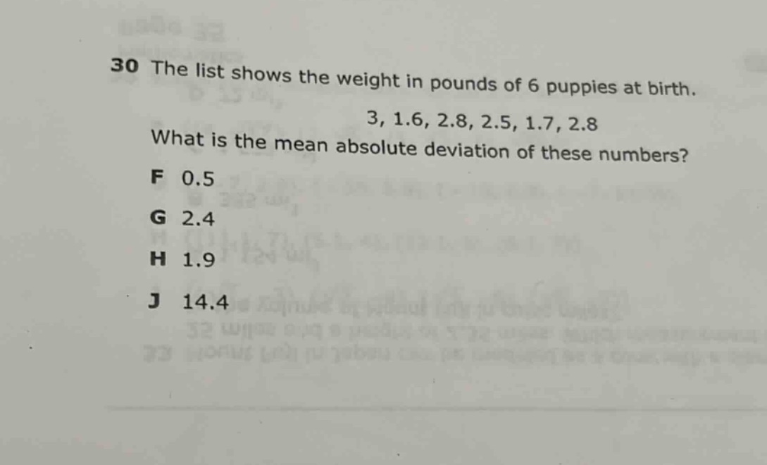 30 the list shows the weight in pounds of 6 puppies at birth. 3, 1.6, 2.8, 2.5, 1.7, 2.8 what is the mean absolute deviation of these numbers? f 0.5 g 2.4 h 1.9 j 14.4