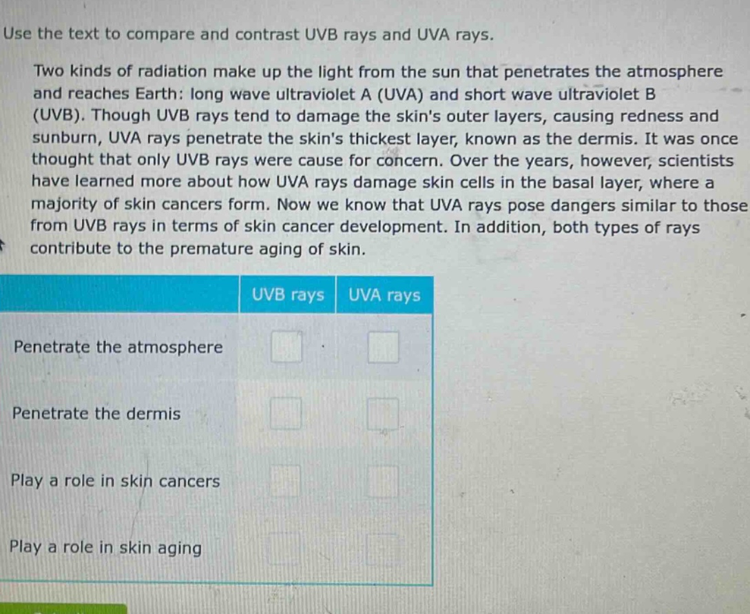 use the text to compare and contrast uvb rays and uva rays.\ntwo kinds of radiation make up the light from the sun that penetrates the atmosphere and reaches earth: long wave ultraviolet a (uva) and short wave ultraviolet b (uvb). though uvb rays tend to damage the skins outer layers, causing redness and sunburn, uva rays penetrate the skins thickest layer, known as the dermis. it was once thought that only uvb rays were cause for concern. over the years, however, scientists have learned more about how uva rays damage skin cells in the basal layer, where a majority of skin cancers form. now we know that uva rays pose dangers similar to those from uvb rays in terms of skin cancer development. in addition, both types of rays contribute to the premature aging of skin.\n\n| |uvb rays|uva rays|\n|--|--|--|\n|penetrate the atmosphere| | |\n|penetrate the dermis| | |\n|play a role in skin cancers| | |\n|play a role in skin aging| | |