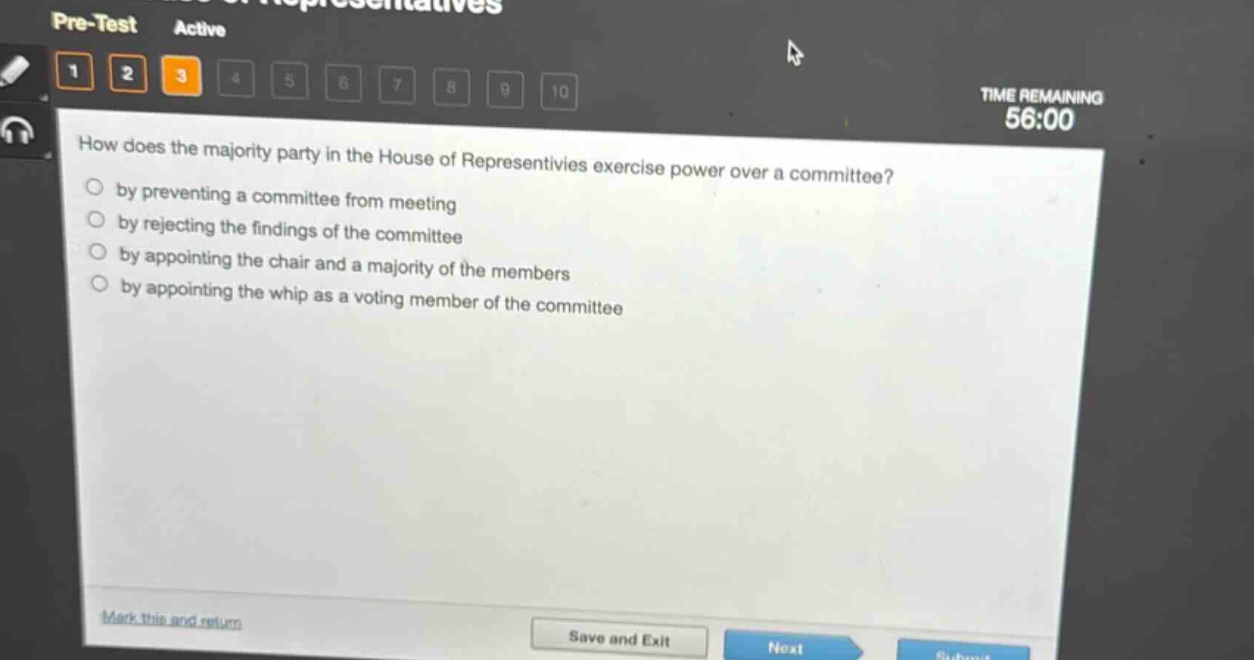 how does the majority party in the house of representatives exercise power over a committee?\nby preventing a committee from meeting\nby rejecting the findings of the committee\nby appointing the chair and a majority of the members\nby appointing the whip as a voting member of the committee