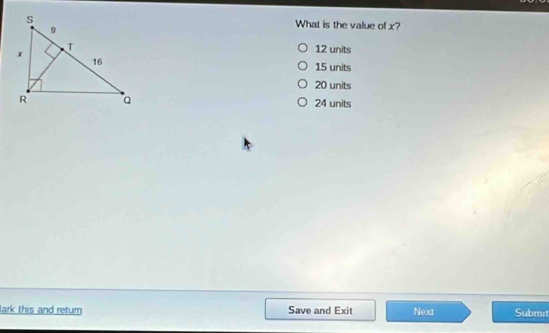 what is the value of x?\n12 units\n15 units\n20 units\n24 units