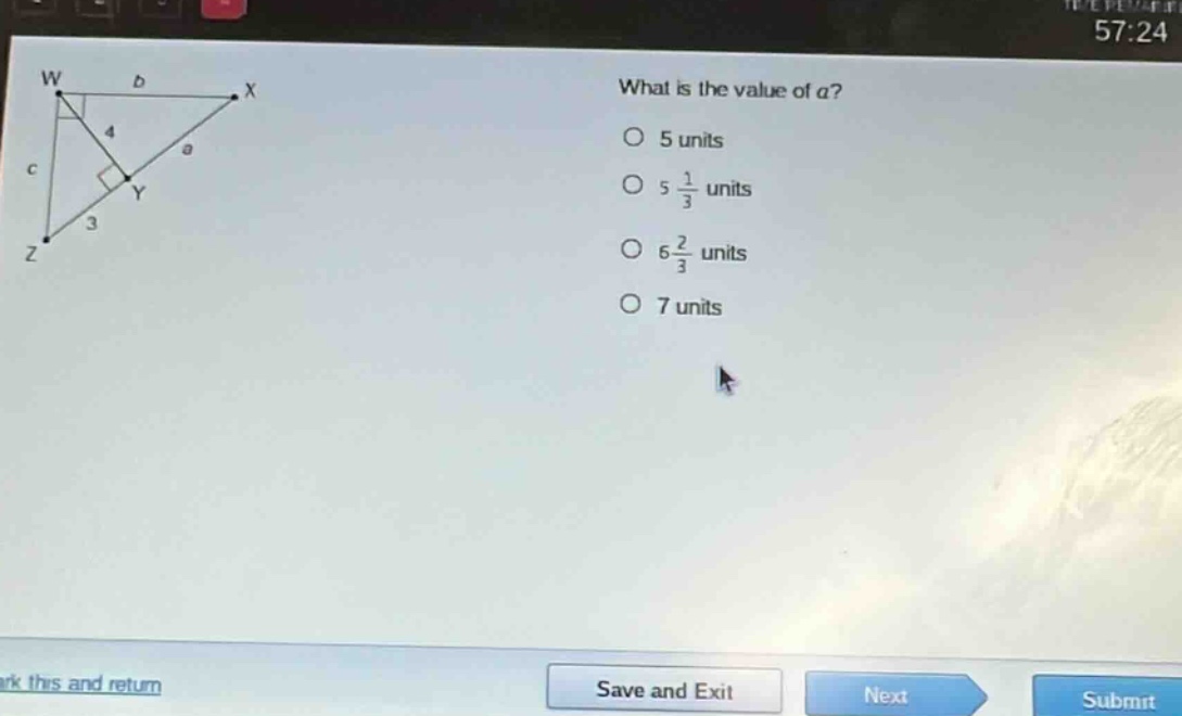 what is the value of a?\no 5 units\no 5 1/3 units\no 6 2/3 units\no 7 units