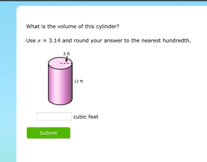 what is the volume of this cylinder? use $piapprox3.14$ and round your answer to the nearest hundredth. cubic feet
