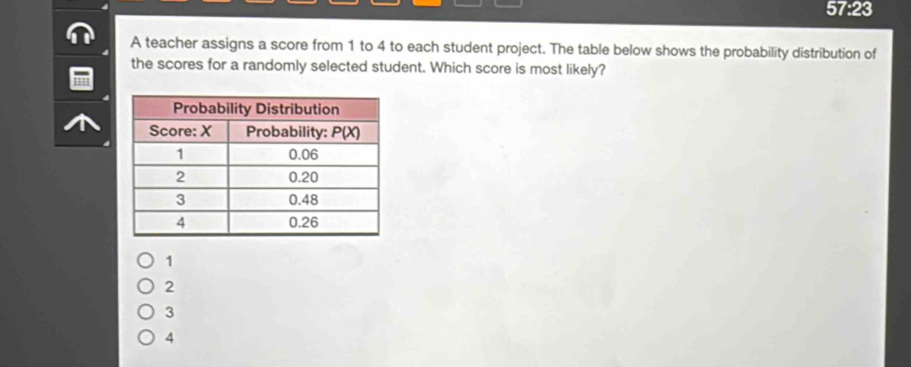 a teacher assigns a score from 1 to 4 to each student project. the table below shows the probability distribution of the scores for a randomly selected student. which score is most likely?\nprobability distribution\nscore: x probability: p(x)\n1 0.06\n2 0.20\n3 0.48\n4 0.26\no 1\no 2\no 3\no 4