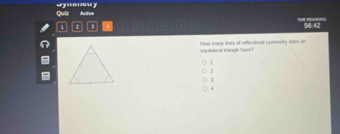how many lines of reflectional symmetry does an equilateral triangle have?\n1\n2\n3\n4